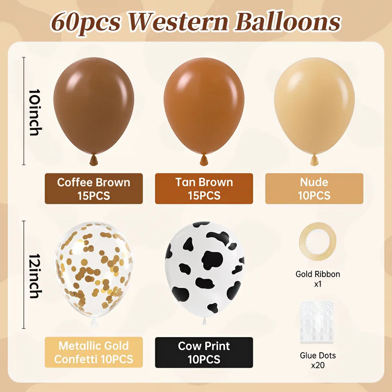 60pcs Cow Print Latex Balloons for Farm Cowboy Baby Shower Birthday Party Decor - Gold Confetti & Nude Brown