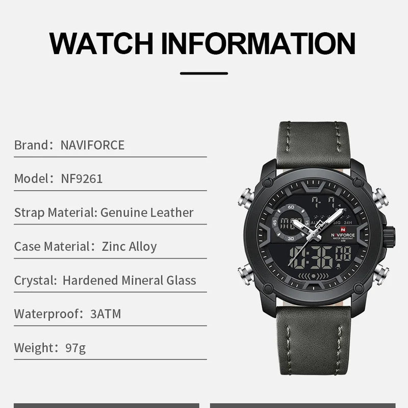 Men's Dual Display Sport Quartz Wristwatch Waterproof Leather Strap