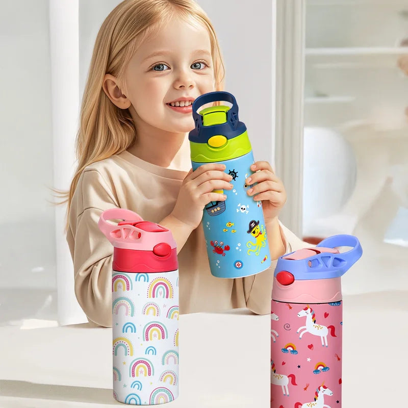 350ml Insulated Cartoon Kids Water Bottle with Straw - Animal Pattern Thermos Mug