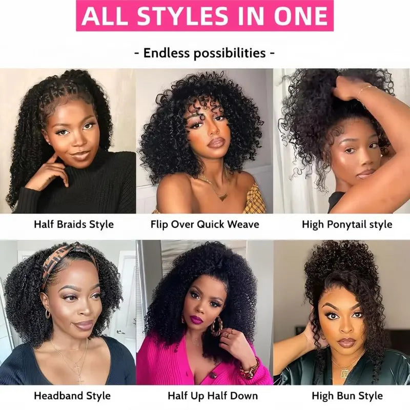 Kinky Curly Half Wig with Clip-Ins & Drawstring Seamless Extensions - Human Hair