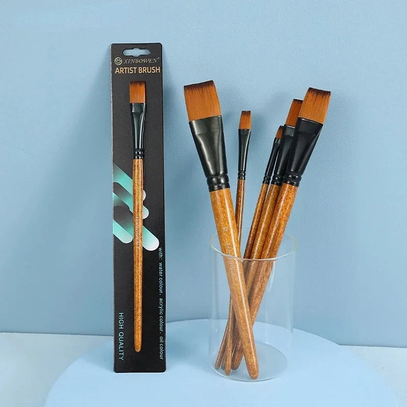 Flat Paint Brush Set for Oil Watercolor Acrylic Art Supplies - Wooden Handle Nylon Hair