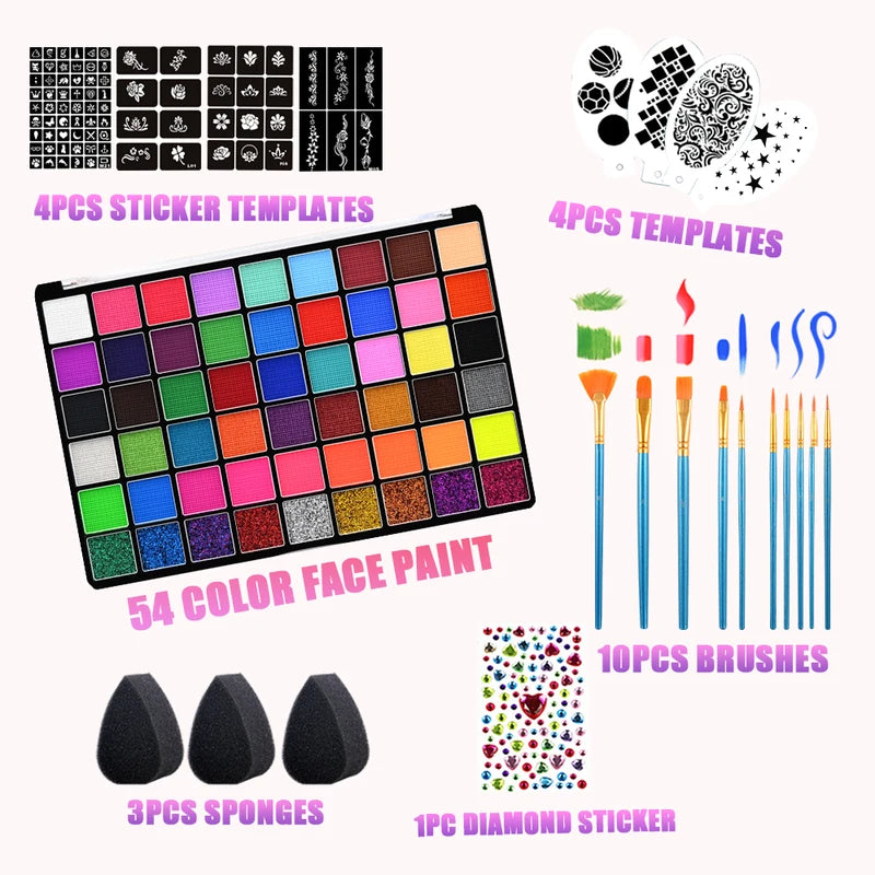 Professional Water-Based Body Face Paint Kit with 54 Colors for Adults - Non-Toxic & Skin Safe