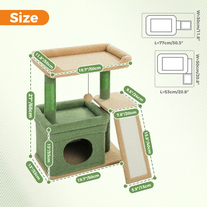 Small Cat Tree Tower with Sisal Scratching Posts and Large Perch - Indoor Cat Furniture
