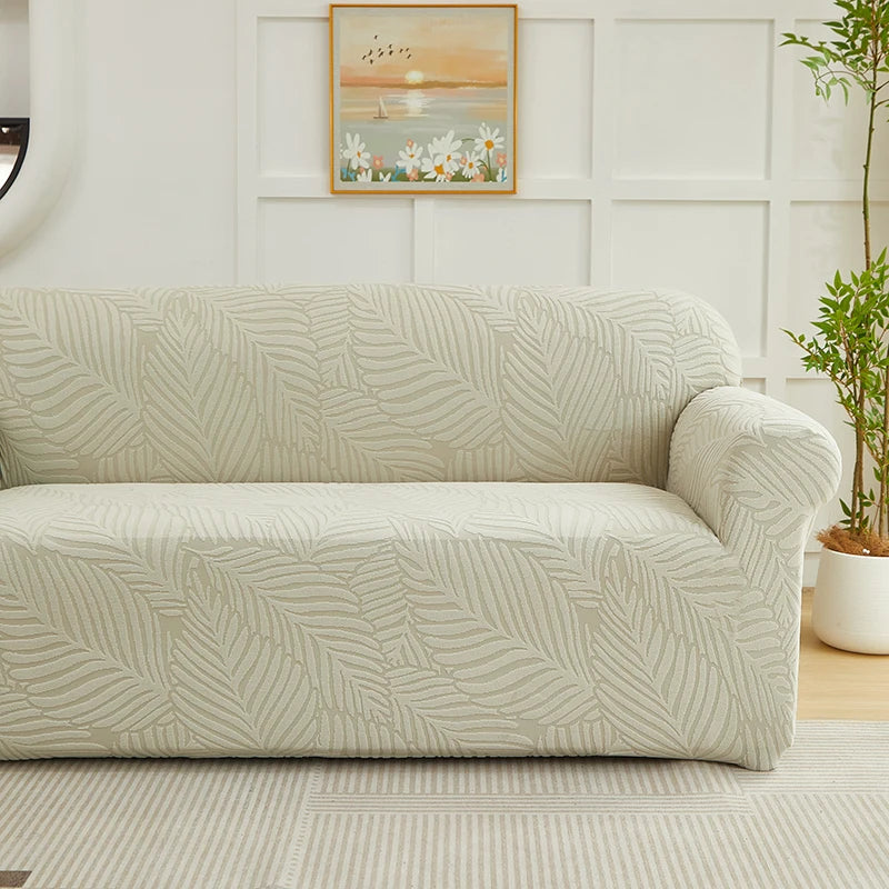 Jacquard Leaves Pattern Sofa Slipcover - Non-Slip Stretch Protector for L-Shaped & Sectional Sofas