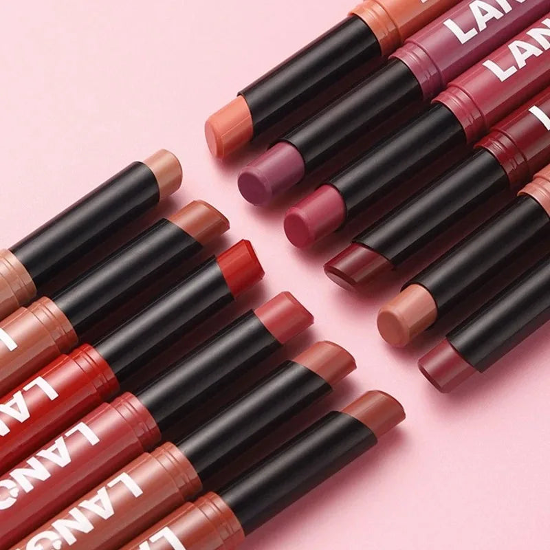 Matte Lipstick Pencil 12 Color Waterproof Long Lasting Non-Stick Lip Makeup