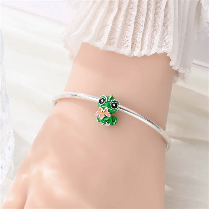 925 Sterling Silver Chameleon Flower Charms Beads Dangle for DIY Bracelets Women Jewelry Gift