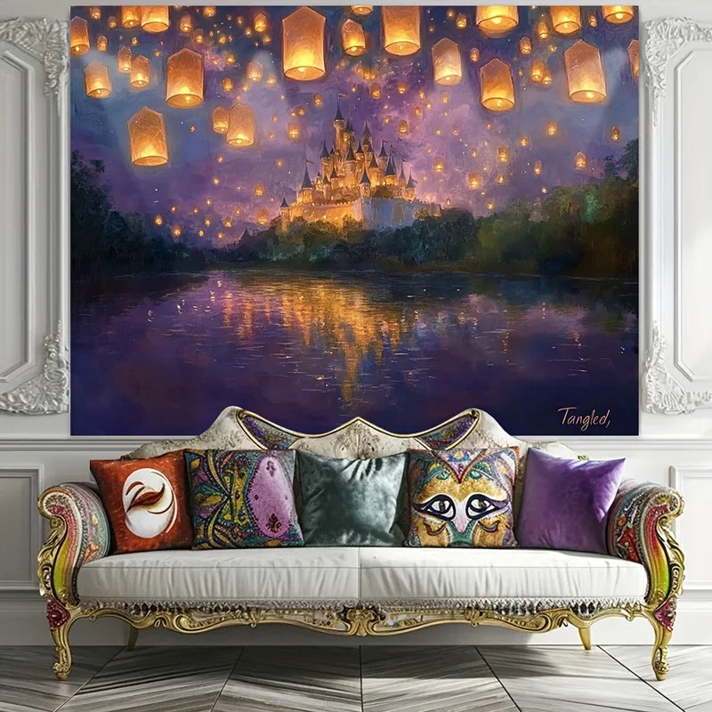 Princess Castle Yard Decoration with Glittering Lanterns and Flag Background - Festival & Party Decor