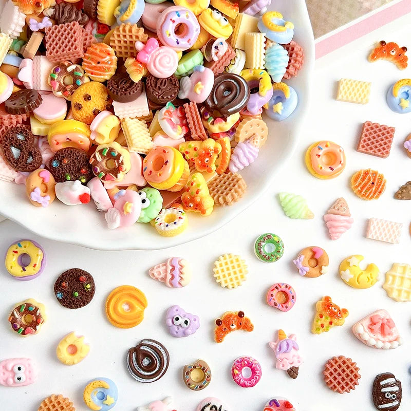 50PCS Nail Art Charms Set - Cartoon Cookies Donuts Lollipops Resin Decorations