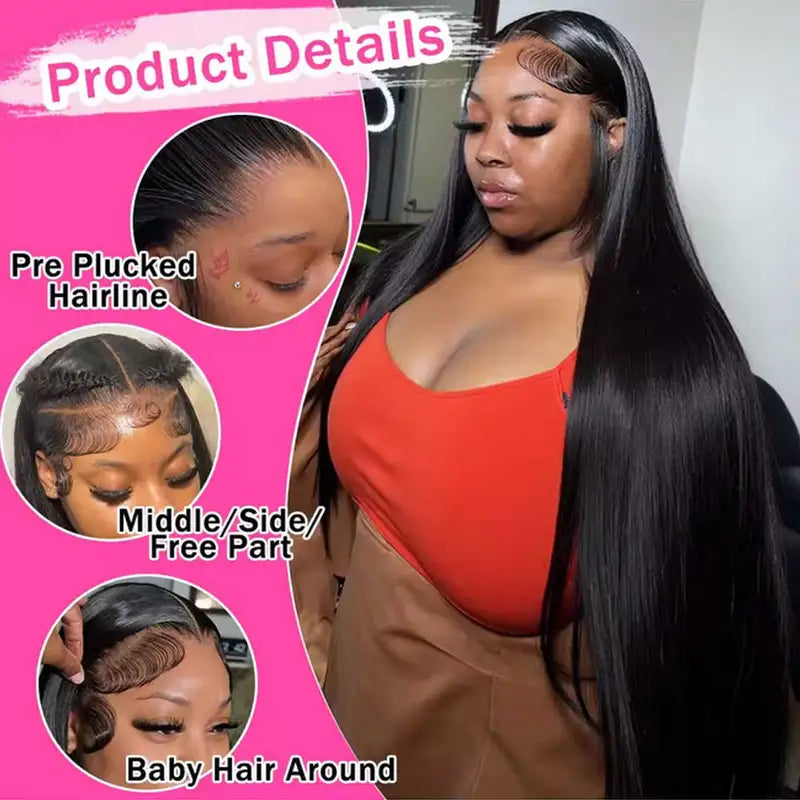 Long Human Hair Wigs 40-42 Inch HD Lace Frontal, Glueless Bone Straight for Women