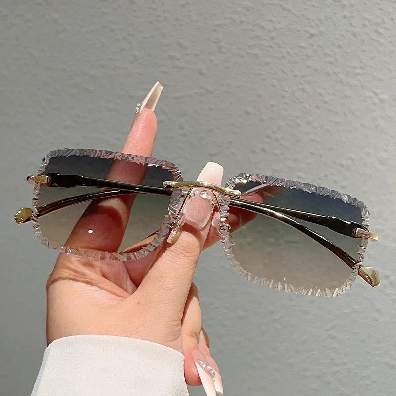 Square Rimless Sunglasses Men Women Fashion Vintage Trendy Casual Shades