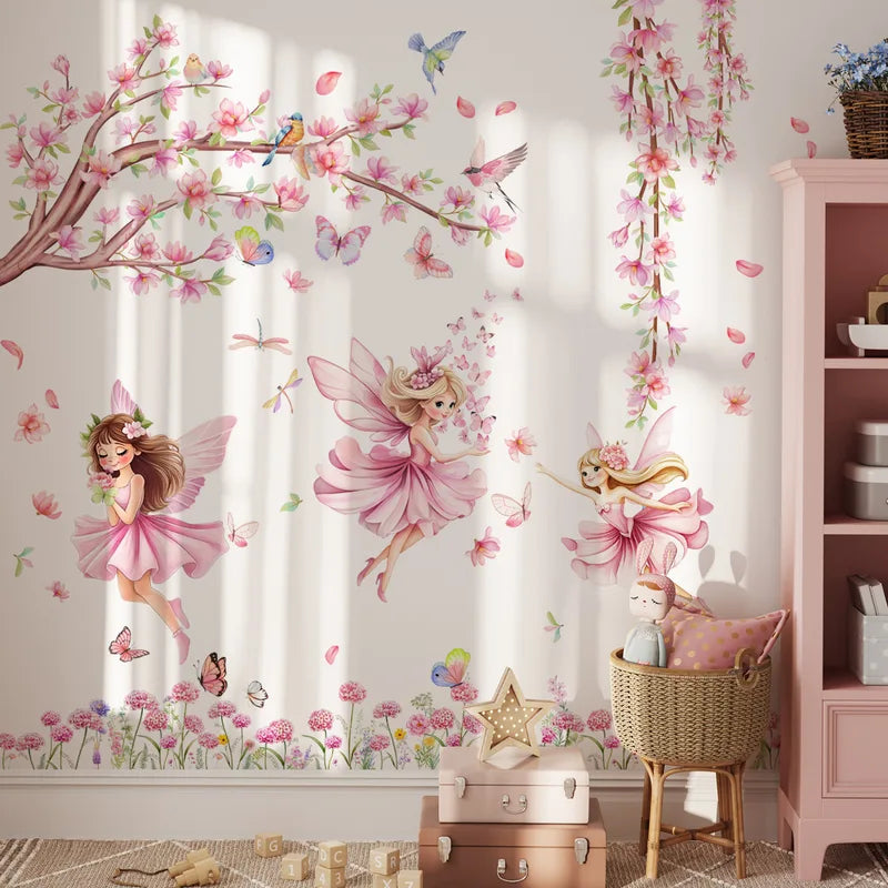 Children's Room Wall Stickers - Tree Branches Birds Butterflies Elf Girls Decor