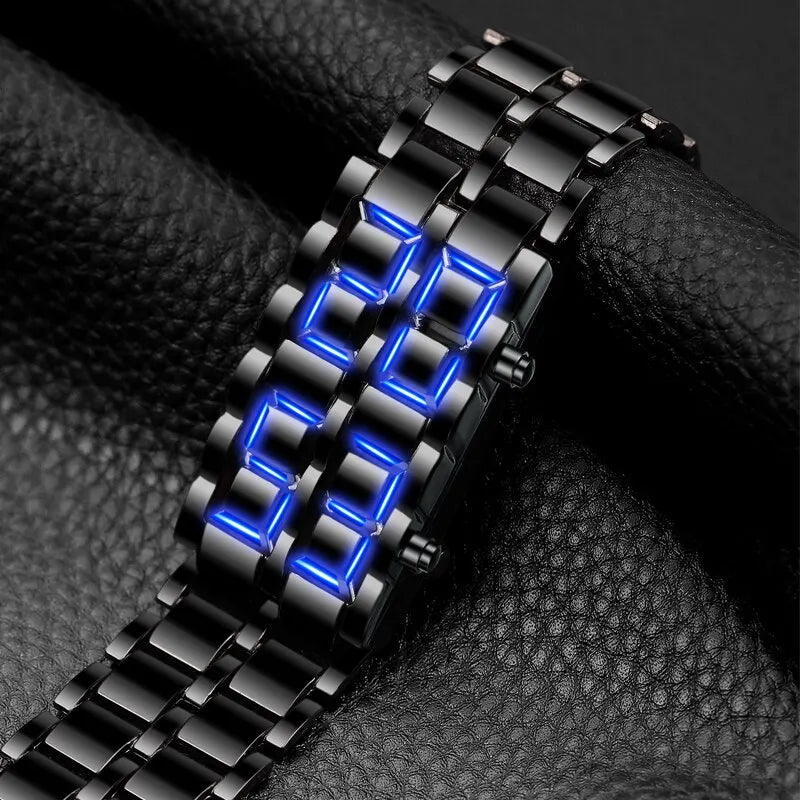Digital LED Wrist Watch for Men - Full Metal Lava Design, Blue Display, Alarm