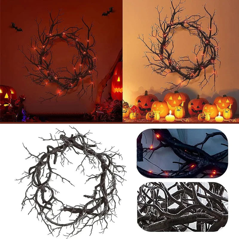 Halloween Black Branch Wreath with LED Lights 42cm Door Decoration - DIY Spirit