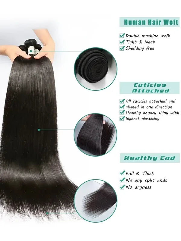 Virgin Human Hair Extensions - 30-40 Inch Straight Brazilian Hair Weave, 4 Bundles