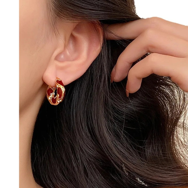 Vintage Enamel Metal Texture Hoop Earrings for Women Gold Plated Statement Jewelry