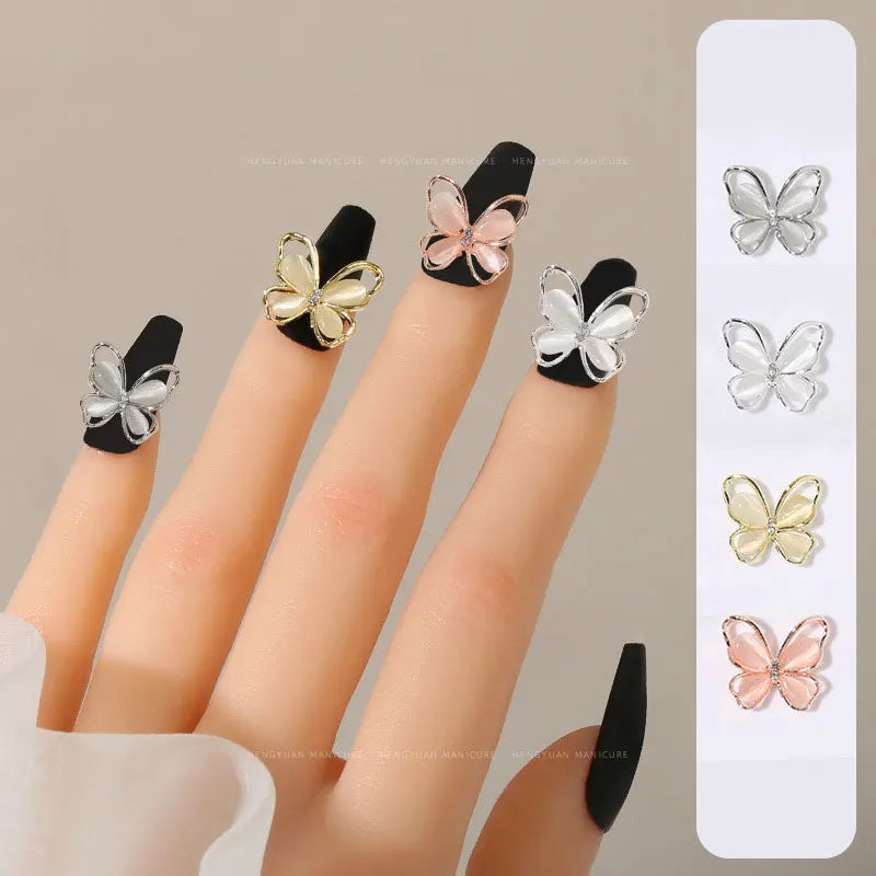 Crystal Butterfly Nail Charms 3D Hollow Cat's Eye Alloy Nail Gems Set