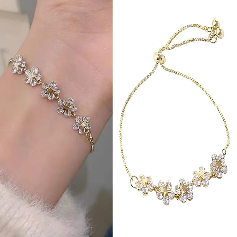 Gold Plated Crystal Flower Charm Bracelet for Women Wedding Gift Jewelry