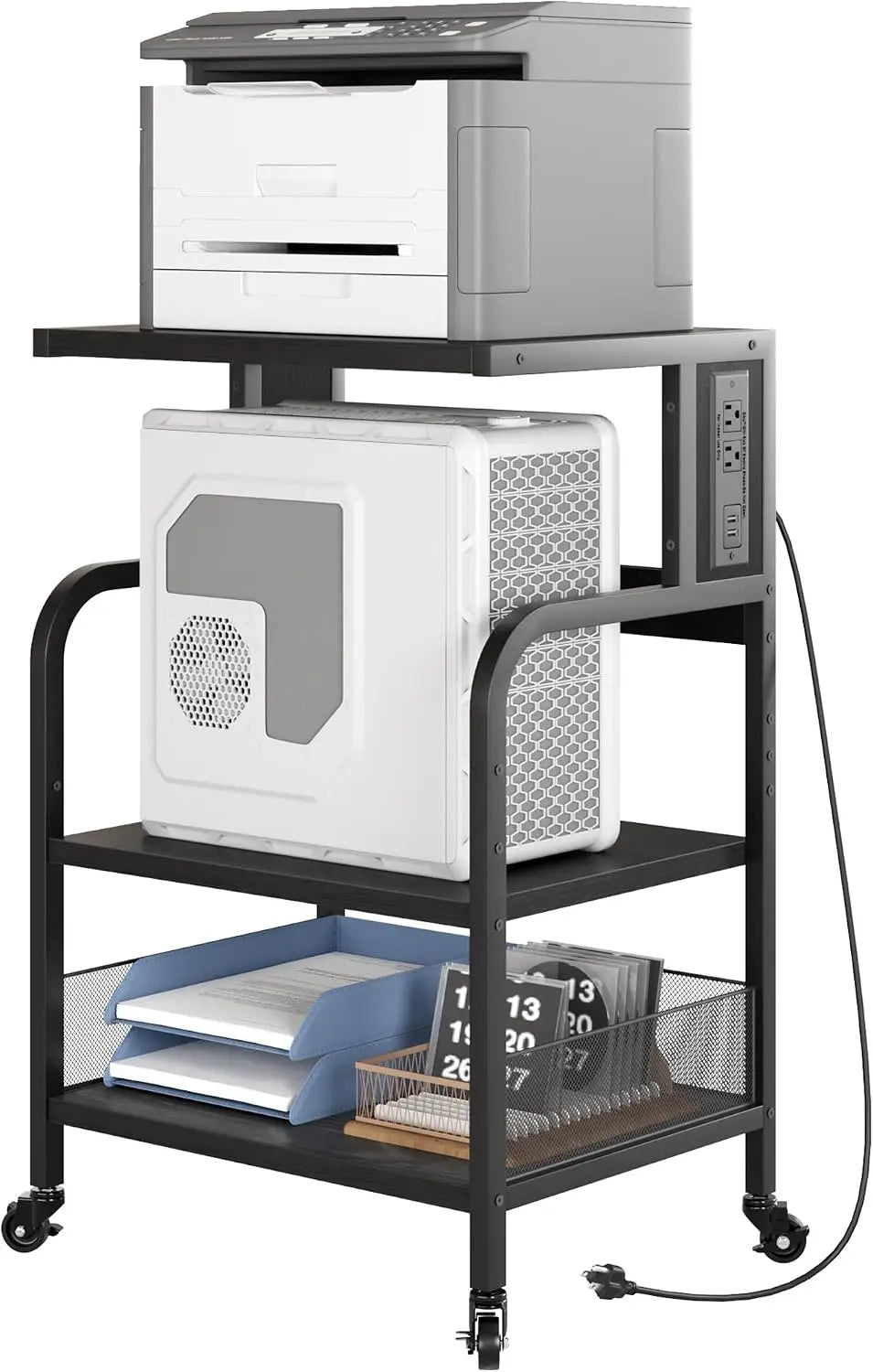 3-Tier Mobile CPU Stand Printer Shelf with Adjustable Shelves & Rolling Wheels
