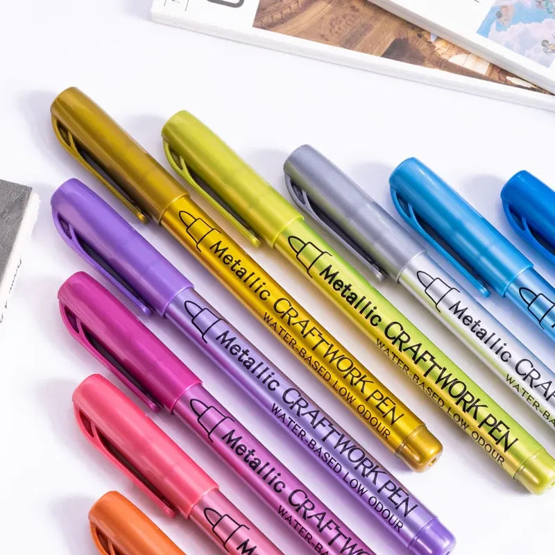 Metallic Paint Markers Set - Silver, Gold, 12 Colors for Black Paper Glass Rock Art