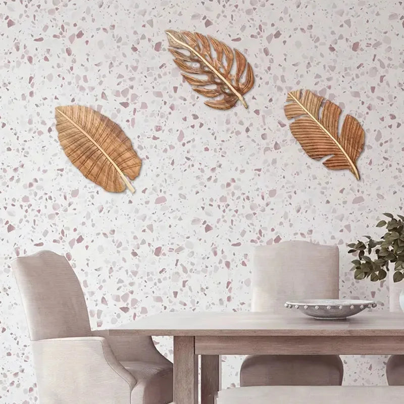 Wood Leaf Wall Art Decor Set of 3 Bohemian Indoor Wall Sculptures