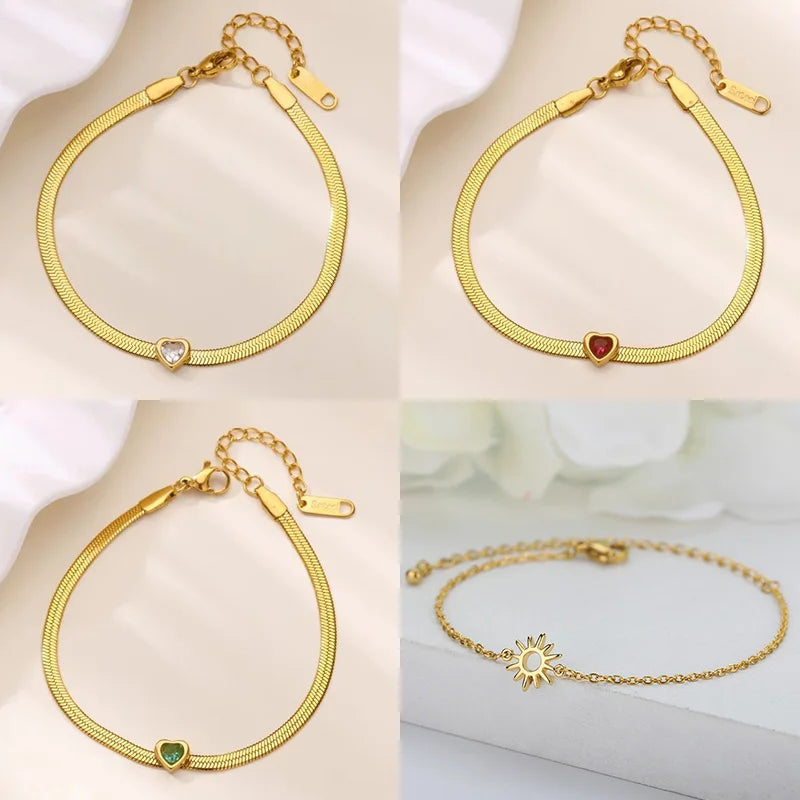 Heart Charm Zircon Birthstone Bracelet for Women Gold Tone Stainless Steel Jewelry Gift