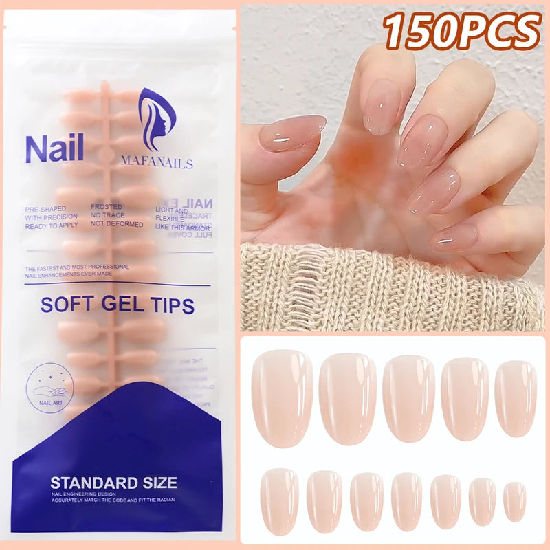 150Pcs Short Almond Press-On Nails Nude Glossy Fake Nail Tips for DIY Manicure