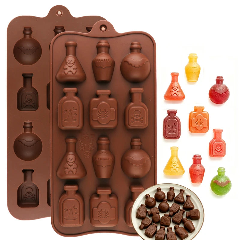 Halloween Witch Magic Potion Bottle Silicone Mold with Skull Bat Patterns for Resin and Chocolate Crafts