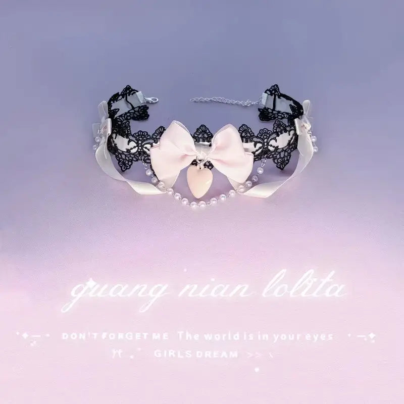 Sweet Lolita Pearl Lace Necklace with Bowknot Charm for Women and Girls - Romantic Cute Jewelry