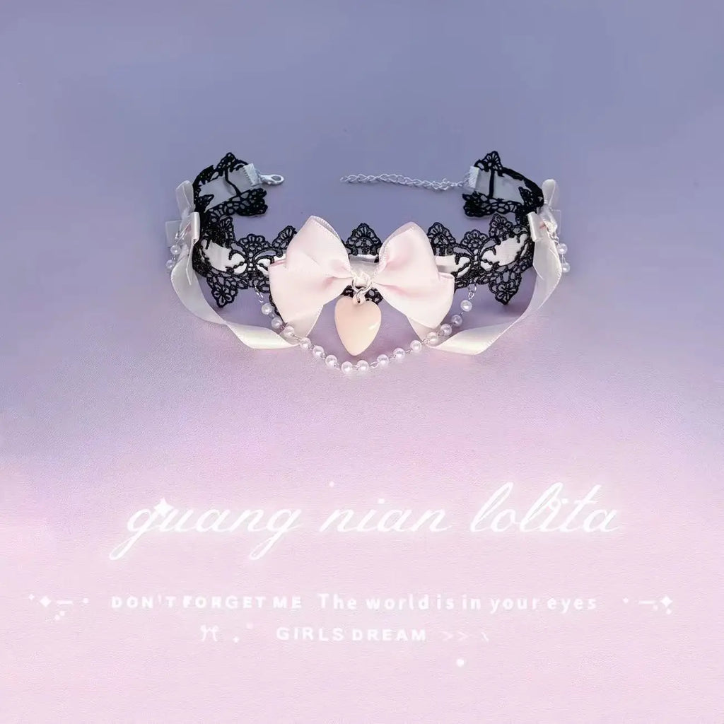 Sweet Lolita Pearl Lace Necklace with Bowknot Charm for Women and Girls - Romantic Cute Jewelry