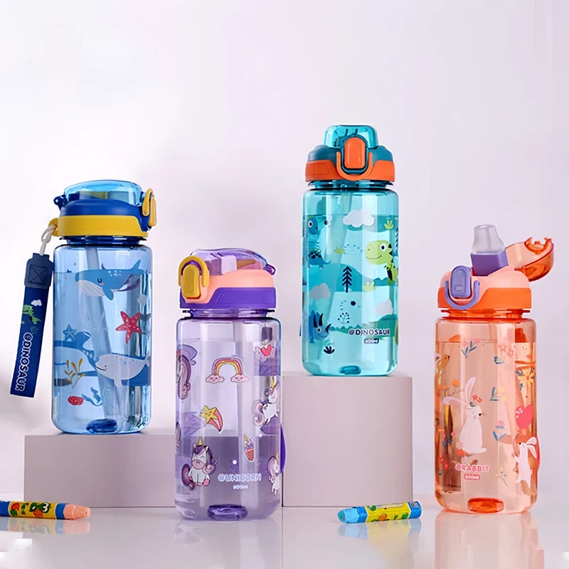 600ml Kids Water Bottle with Silicone Straw Leakproof Portable Sippy Cup for Summer
