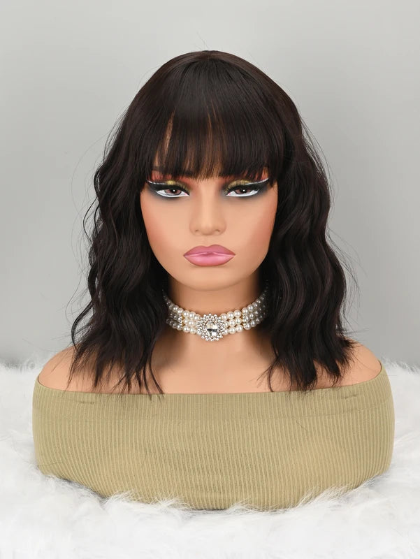 Natural Brown Synthetic Curly Wavy Bob Wig with Bangs for Women