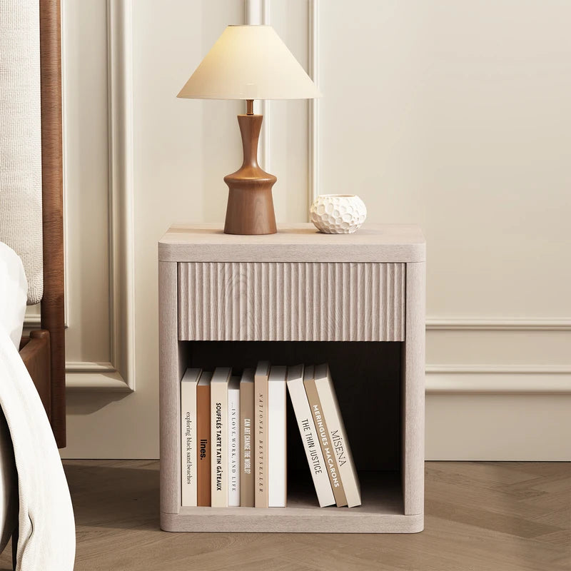 Wooden End Table with Fluted Drawer Front and Open Shelf - Mid Century Modern Nightstand