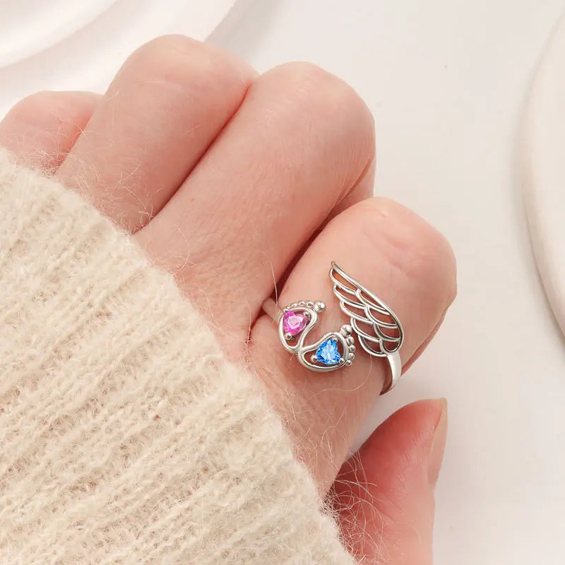 Sterling Silver Angel Wing Footprints Finger Ring for Women and Girls