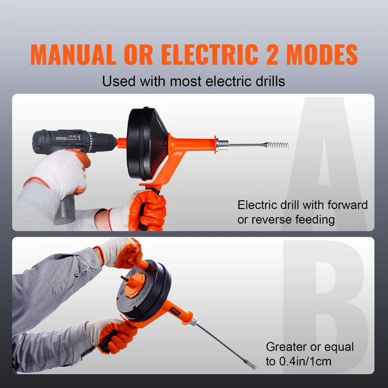 25Ft Manual & Electric Drain Auger Snake for Toilet Sewer Pipe Blockages
