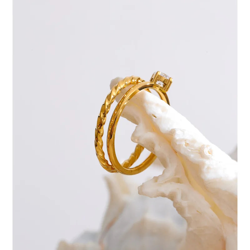 Double-Layer Zircon Finger Rings Set for Women – Stainless Steel Jewelry Collection