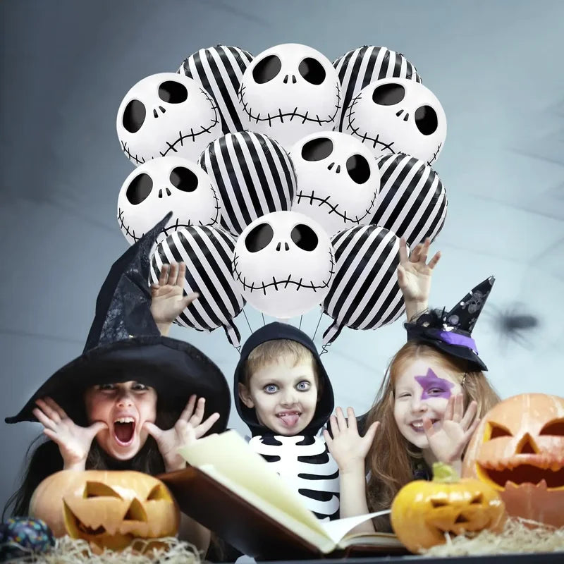 12 pcs 18 Inch Halloween Skull Black and White Striped Foil Balloons Party Decorations