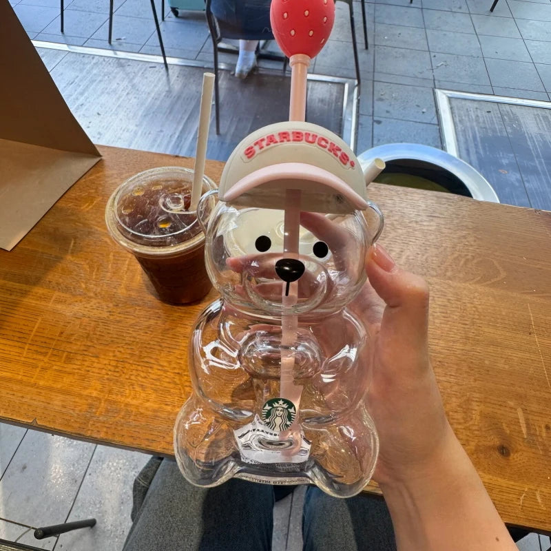 591ml Glass Water Tumbler with Strawberry Decor and Baseball Cap Lid