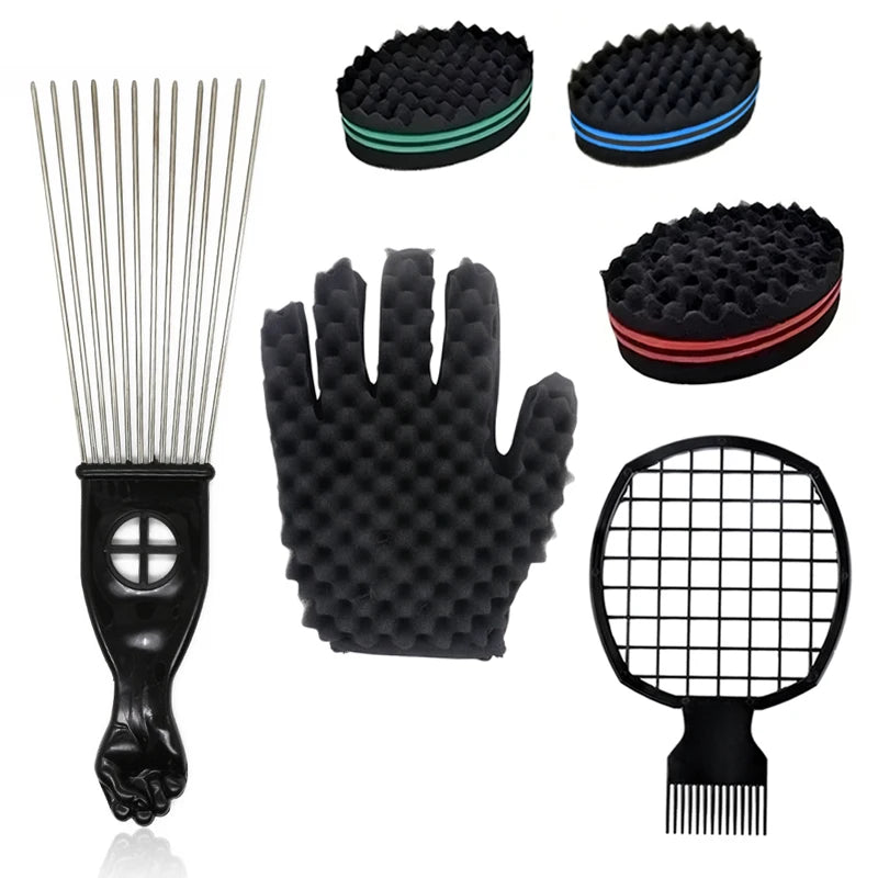 2Pcs Hair Styling Set: Long Stainless Steel Afro Pick Comb & Curling Sponge Brush