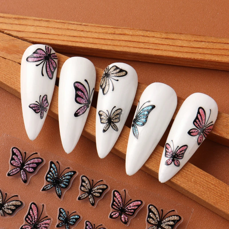 Glitter Butterfly Nail Stickers Decals - Self-Adhesive Floral & Gothic Designs
