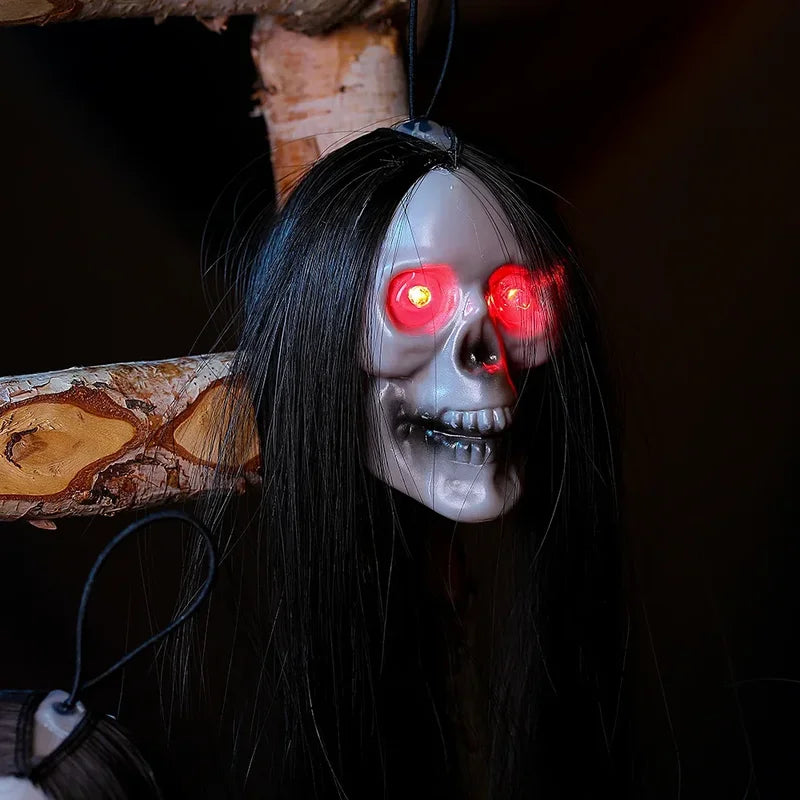 Halloween Hanging Ghost Skull with Glowing Eyes & Long Hair - Terror Skeleton Prop for Haunted House Decor