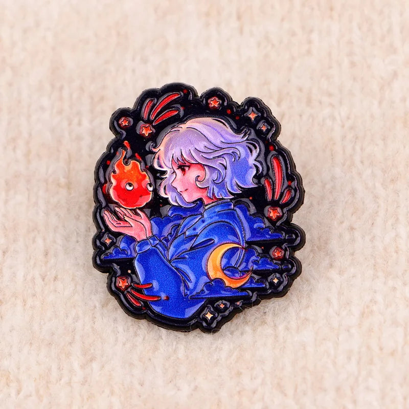 3-Piece Anime Enamel Pin Set Cartoon Fire Brooches for Clothing & Gift
