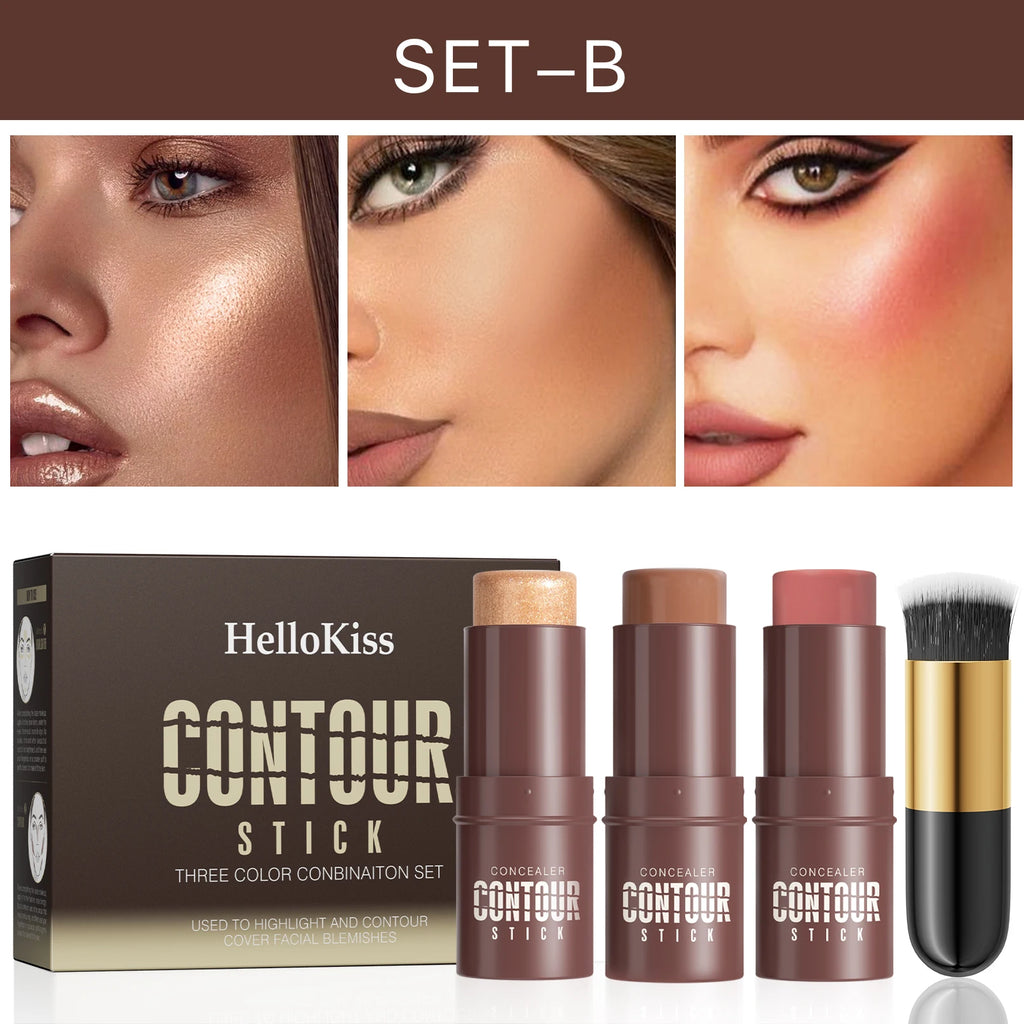 4-Piece Contour Stick Makeup Set with Highlighter Blush Bronzer & Golden Powder Brush - Waterproof Cream for All Skin Tones, Shimmery