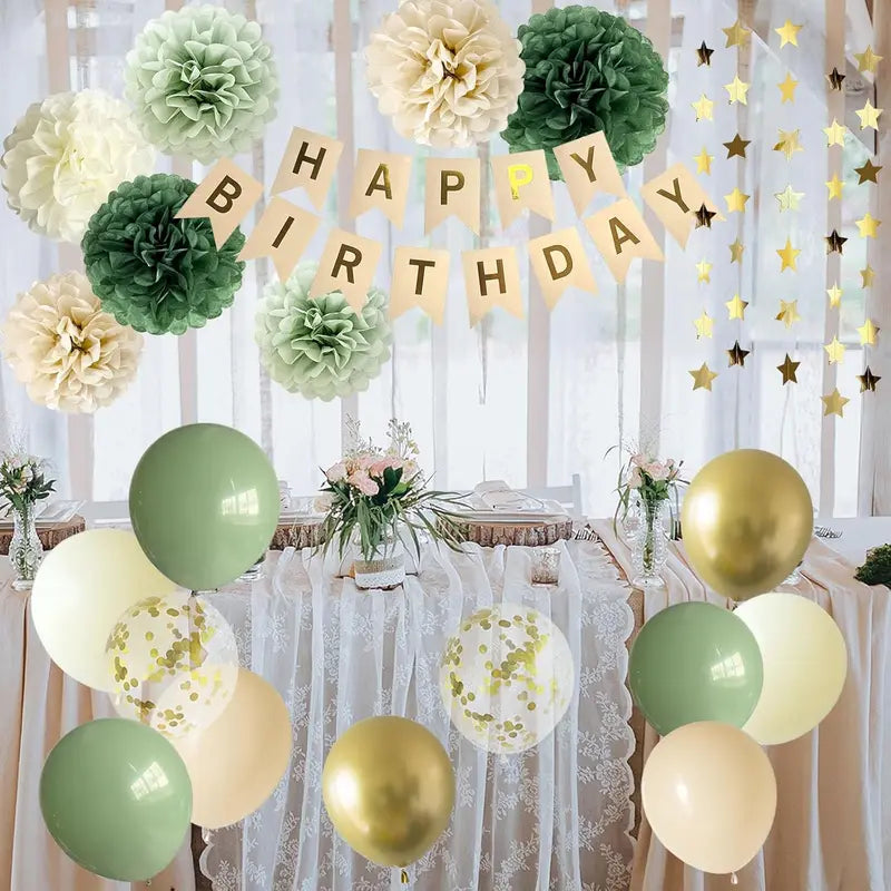 Green Birthday Party Decorations Banner Balloons Kraft Paper Set - Happy Birthday
