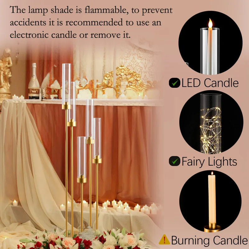 Gold 5-Arm Floor Candle Holders Set with Acrylic Shades for Weddings & Events