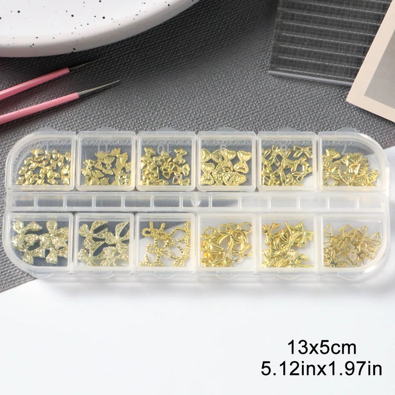 Golden Bow Nail Art Charms Set - 12 Alloy Nail Jewelry Decorations