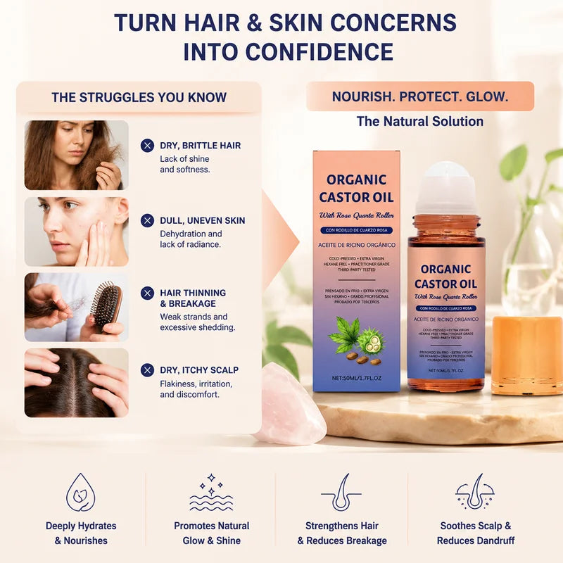 Organic Castor Oil with Rose Quartz Roller - Cold Pressed, Hydrating Skin Care Oil