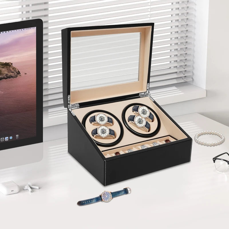 Automatic Watch Winder Display Box with PU Leather Finish - Holds 10 Watches, Black or Brown