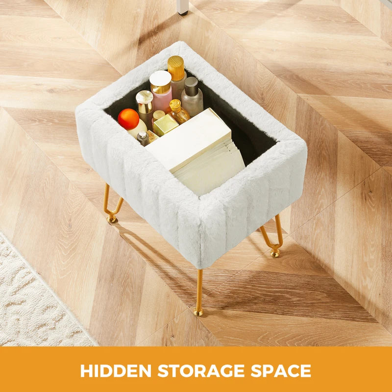 Faux Fur Storage Ottoman with Hidden Compartment, Adjustable Legs, Multi-Use Seat for Living Room