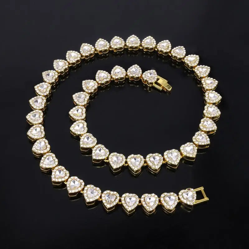 45cm Hip Hop Heart Rhinestone CZ Chain Necklace & Bracelet Jewelry Set