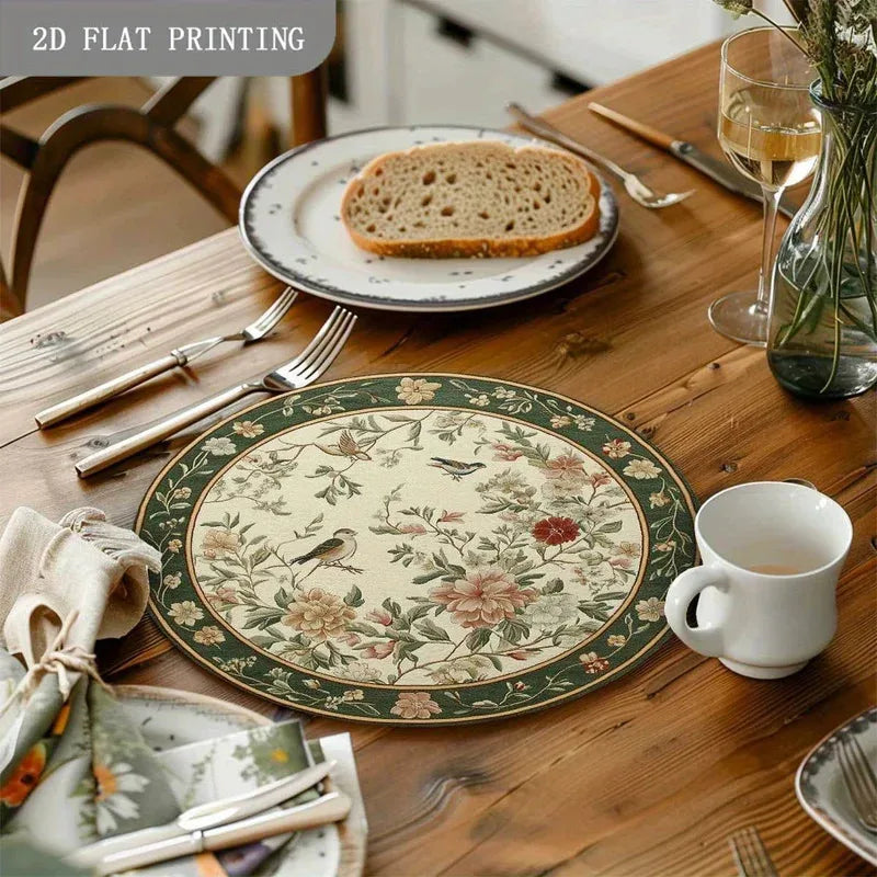 4-Piece Round Placemat Set with Floral Bird Print - Heat-Resistant & Non-Slip Linen Kitchen Decor